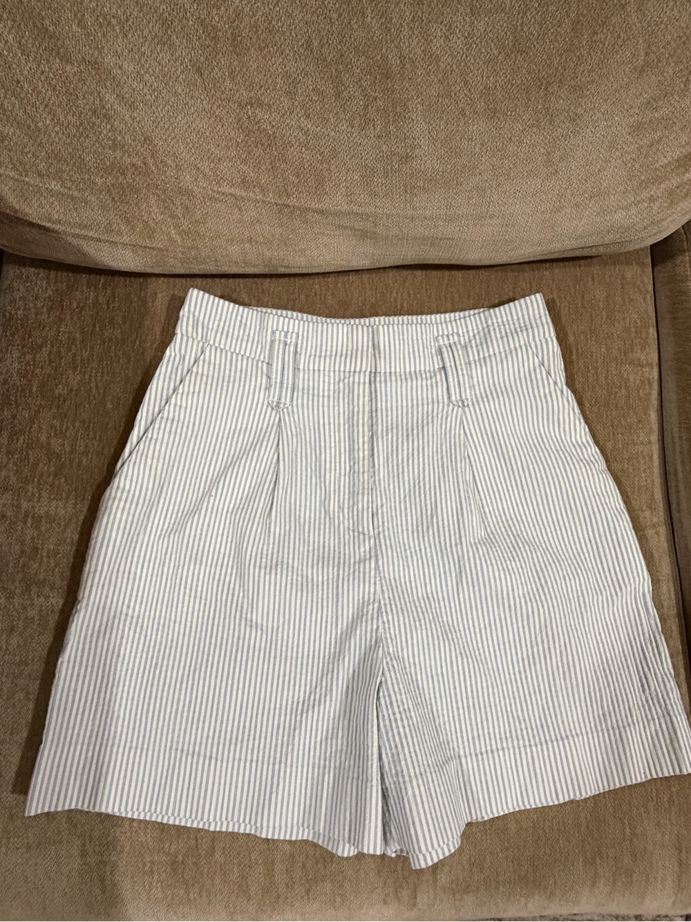 Sezane Striped High-Waist Shorts - White & Light Blue